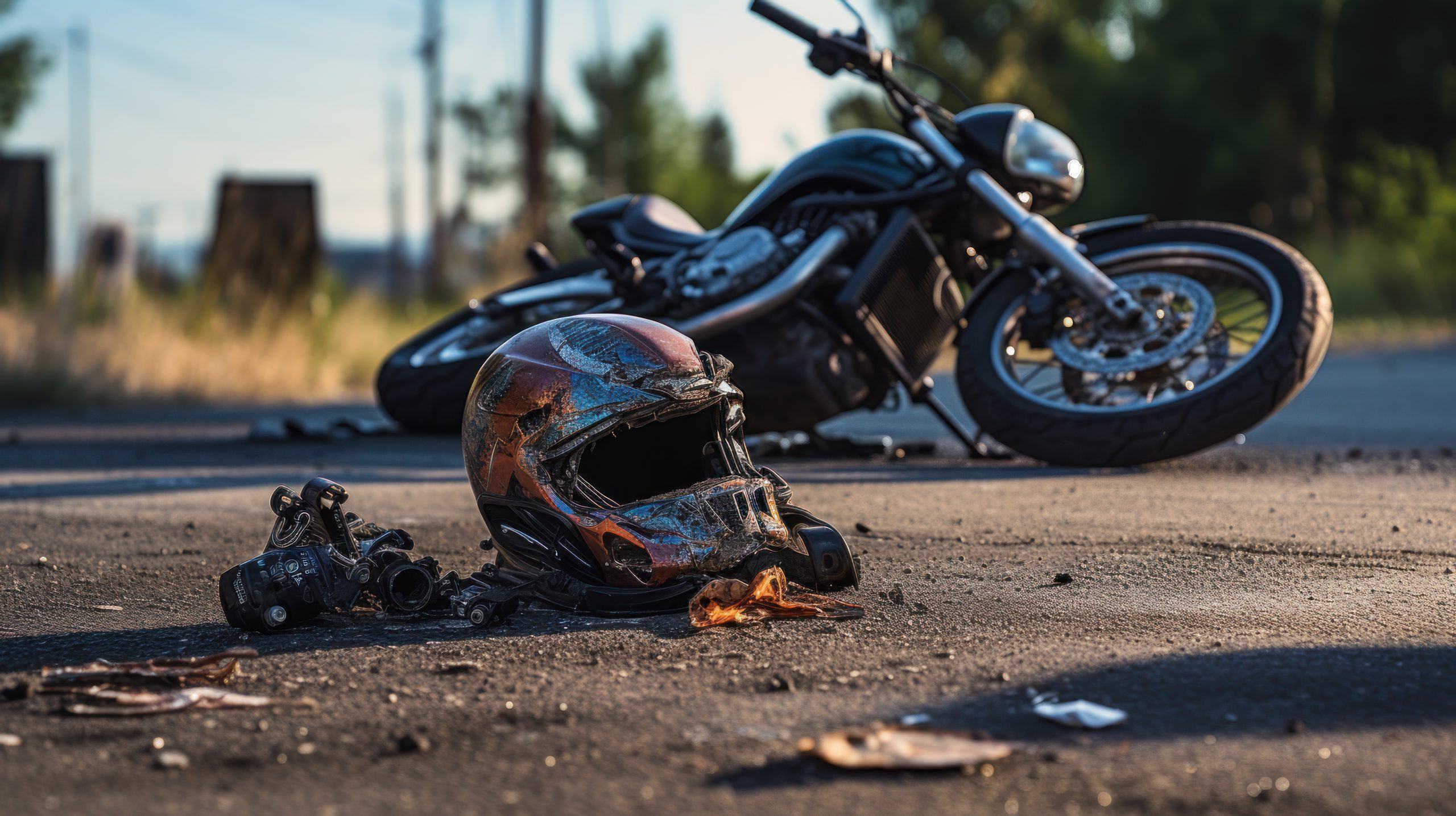 Photo of helmet and motorcycle on road, the concept of road accident - San Fernando Valley Motorcycle Accident Lawyer